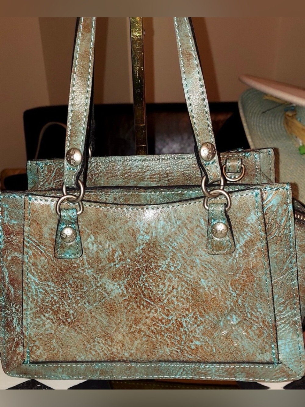Patricia Nash Turquoise and Brown Tooled Leather Satchel - Picture 4 of 8